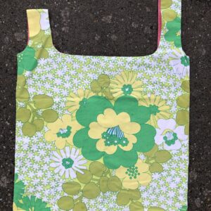 JAPANSE KNOOPTAS GROEN GELE VINTAGE BLOEMEN MET ROZE VOERING